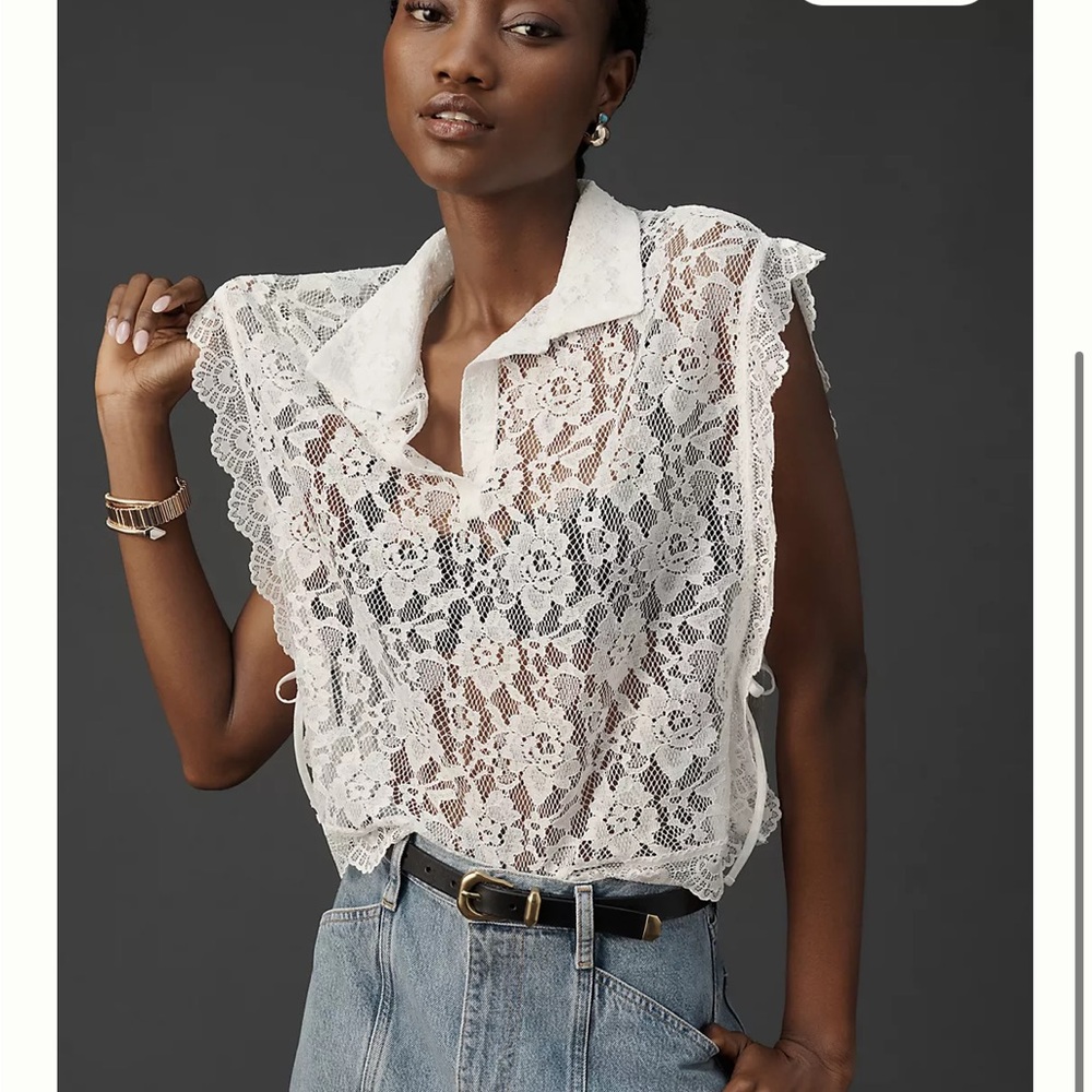 Anthropologie Collared Lace Vest Blouse One Size